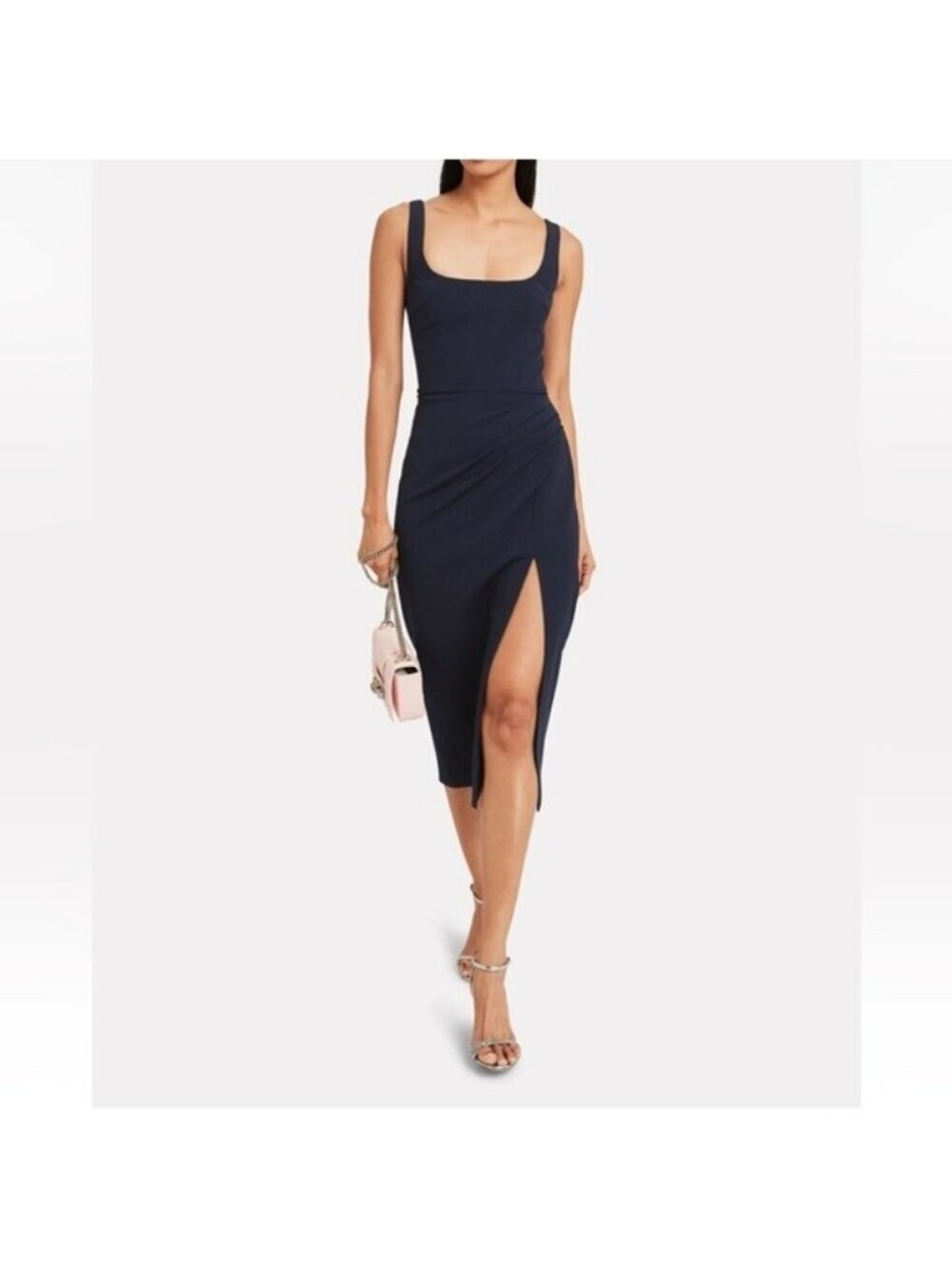 CUSHNIE Black Square Neck Ruched Side Slit Dress sz 0